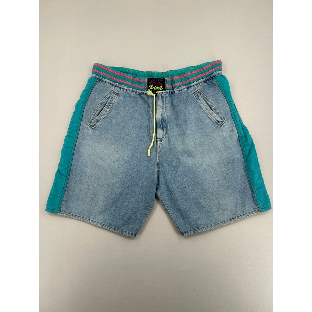 Vintage Bugle Boy Tropic Zone Denim Shorts Men's Sz 38 Blue Teal 90s Retro